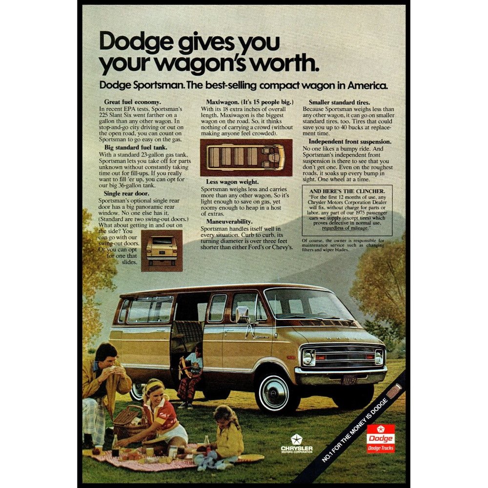 1975 Dodge Sportsman Wagon Van Vintage Print Ad Family Picnic Mountains Wall Art